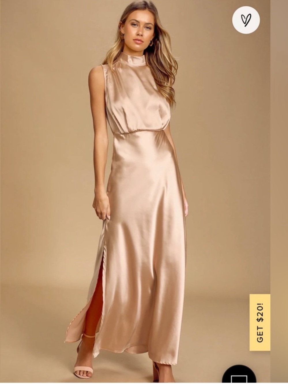 Lulu’s Classic Elegance Gold Satin Sleeveless Mock Neck Maxi Dress